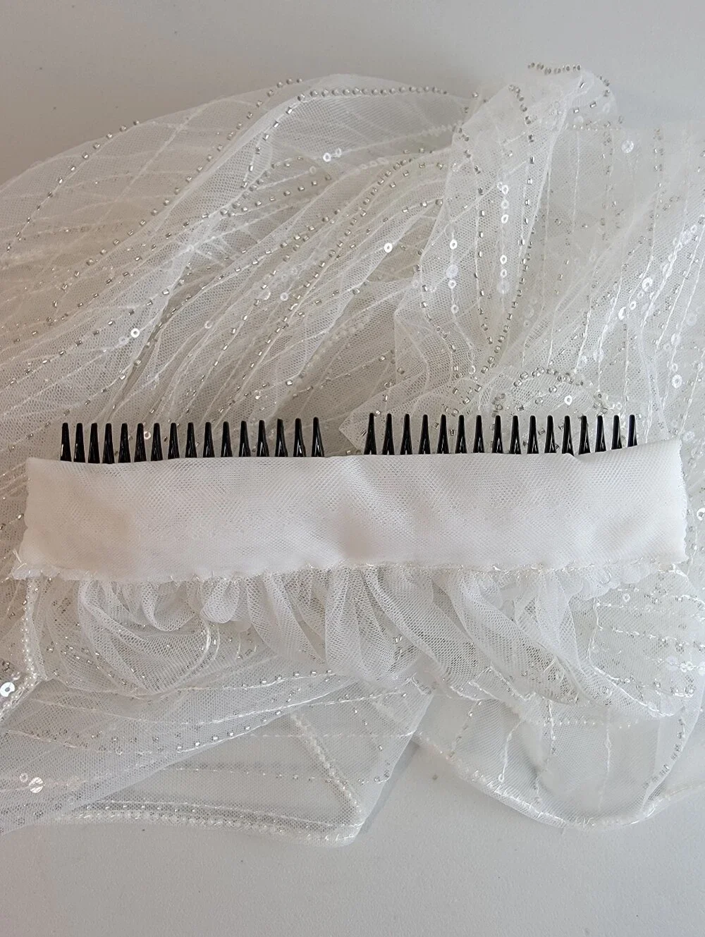 White Tulle Net Ballet Length Veil W/ Faux Pearl Edge, Sequins, Beads, & Comb